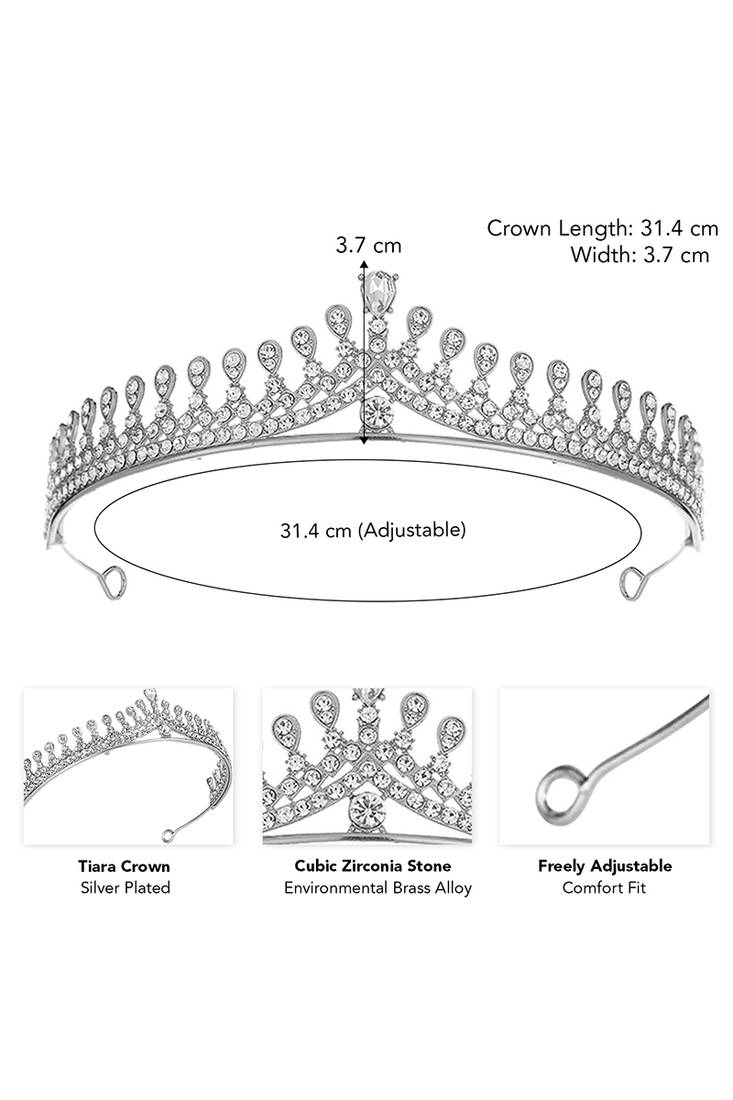 Silver plated cz & crystal studded princess tiara crown for women birthday hair accessories