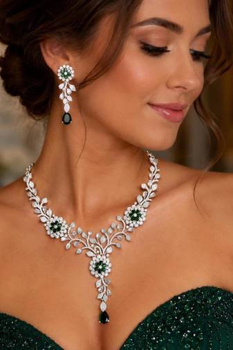 emerald green marquise crystal bridal jewellery set, silver floral vine necklace earrings