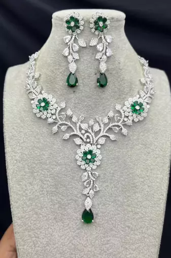 emerald green marquise crystal bridal jewellery set, silver floral vine necklace earrings