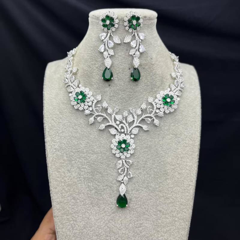 emerald green marquise crystal bridal jewellery set, silver floral vine necklace earrings