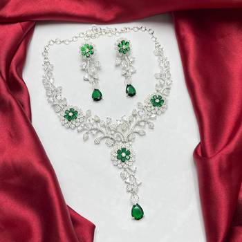 emerald green marquise crystal bridal jewellery set, silver floral vine necklace earrings 3