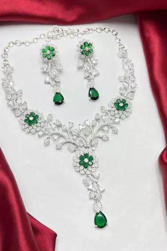 emerald green marquise crystal bridal jewellery set, silver floral vine necklace earrings