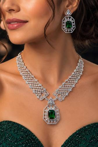 emerald green crystal geometric jewellery set, silver statement necklace earrings