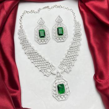 emerald green crystal geometric jewellery set, silver statement necklace earrings 2