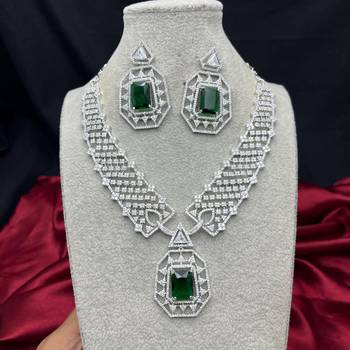 emerald green crystal geometric jewellery set, silver statement necklace earrings 3