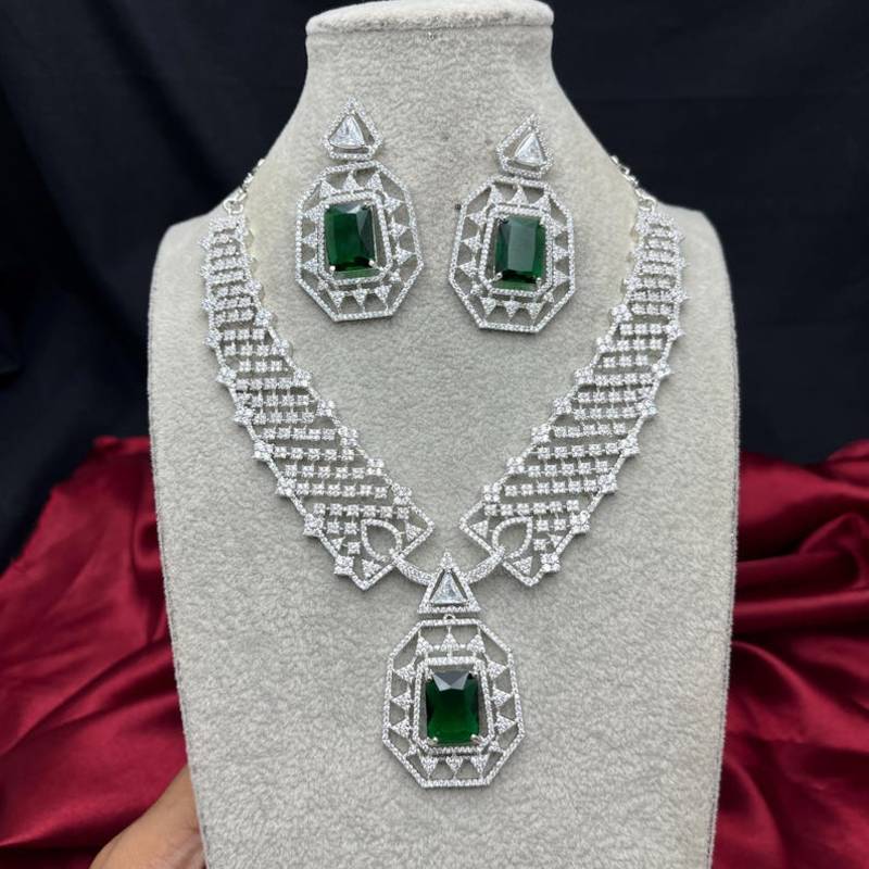 emerald green crystal geometric jewellery set, silver statement necklace earrings