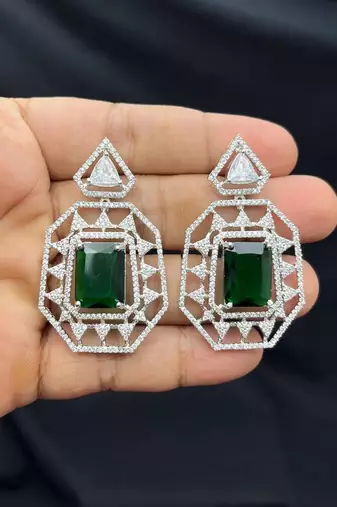 emerald green crystal geometric jewellery set, silver statement necklace earrings