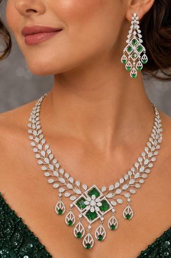 emerald green bridal necklace set, silver cubic zirconia choker, indian wedding jewellery