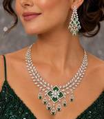 emerald green bridal necklace set, silver cubic zirconia choker, indian wedding jewellery