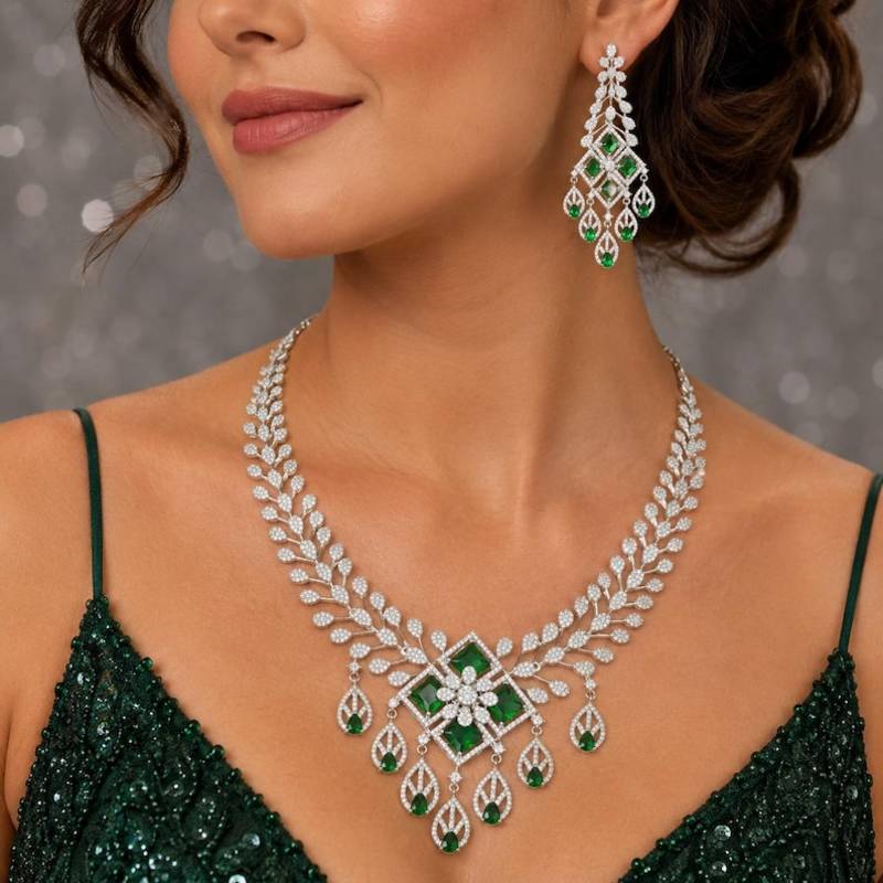 emerald green bridal necklace set, silver cubic zirconia choker, indian wedding jewellery