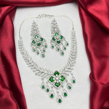emerald green bridal necklace set, silver cubic zirconia choker, indian wedding jewellery 2