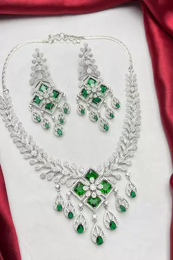 emerald green bridal necklace set, silver cubic zirconia choker, indian wedding jewellery