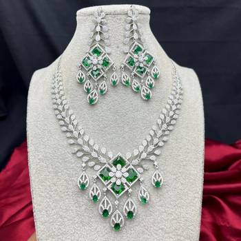 emerald green bridal necklace set, silver cubic zirconia choker, indian wedding jewellery 3
