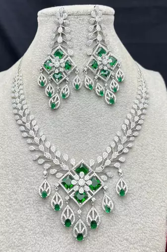 emerald green bridal necklace set, silver cubic zirconia choker, indian wedding jewellery
