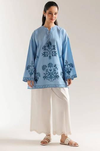 Sky blue floral print linen co-ord set for women