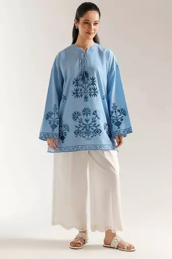 Sky blue floral print linen co-ord set for women