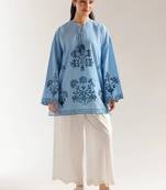 Sky blue floral print linen co-ord set for women