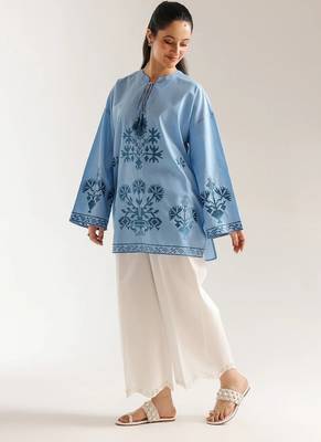 Sky blue floral print linen co-ord set for women 3