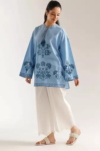 Sky blue floral print linen co-ord set for women
