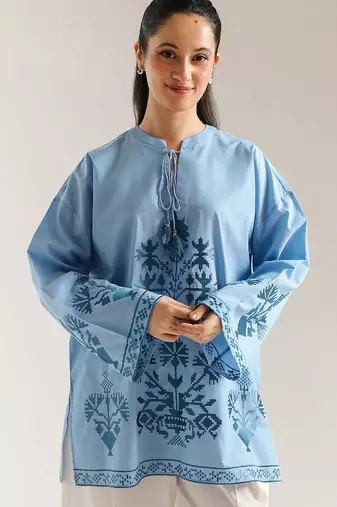 Sky blue floral print linen co-ord set for women