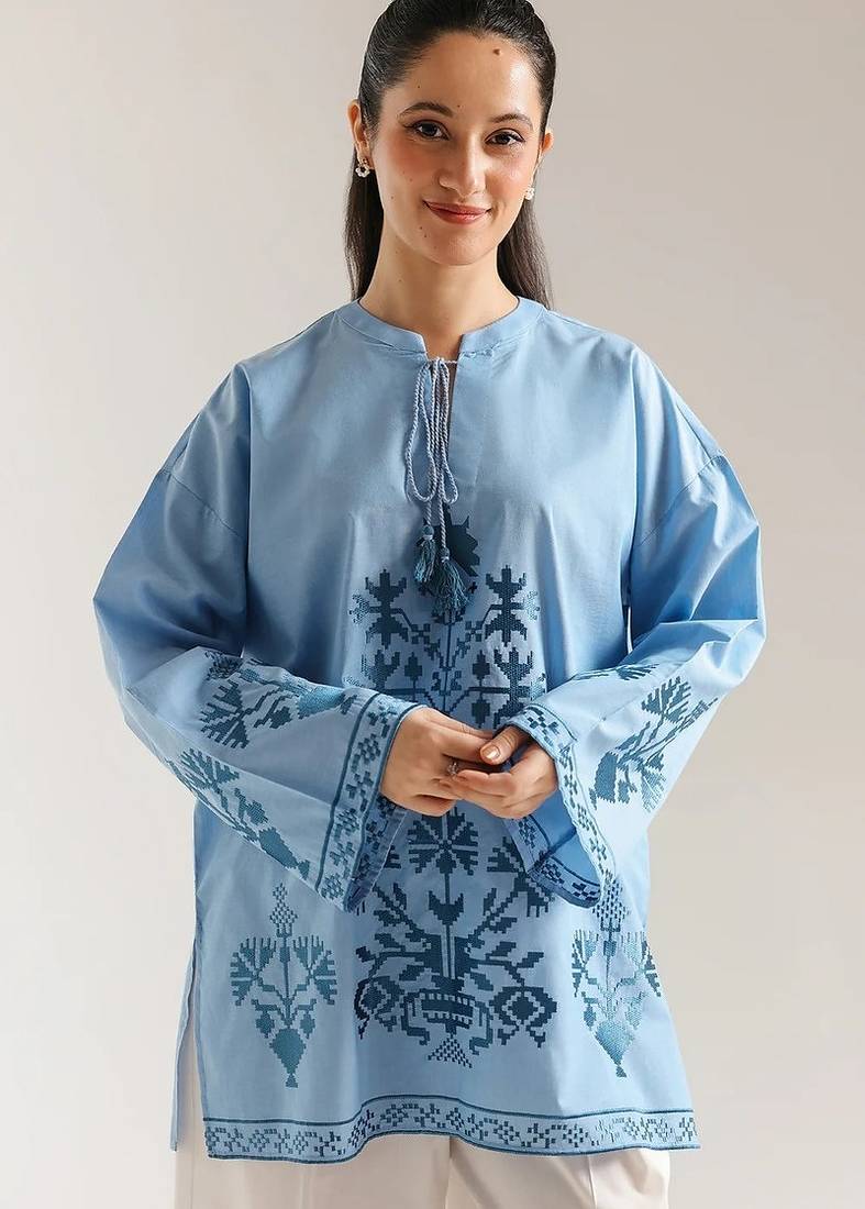 Sky blue floral print linen co-ord set for women