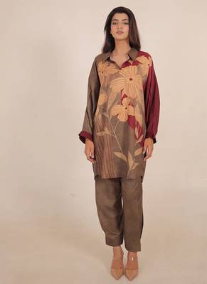 Maroon floral print linen co-ord set for women 1