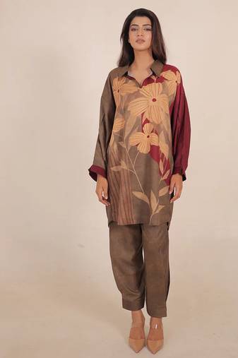 Maroon floral print linen co-ord set for women