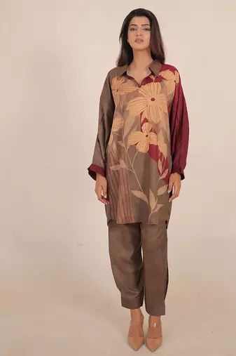 Maroon floral print linen co-ord set for women