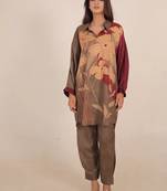 Maroon floral print linen co-ord set for women
