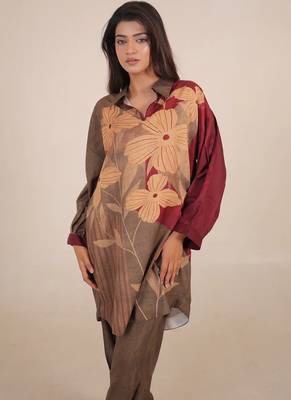 Maroon floral print linen co-ord set for women 2