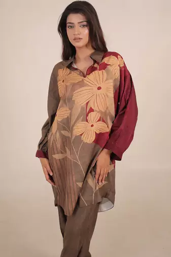 Maroon floral print linen co-ord set for women