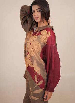 Maroon floral print linen co-ord set for women 3