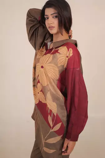 Maroon floral print linen co-ord set for women