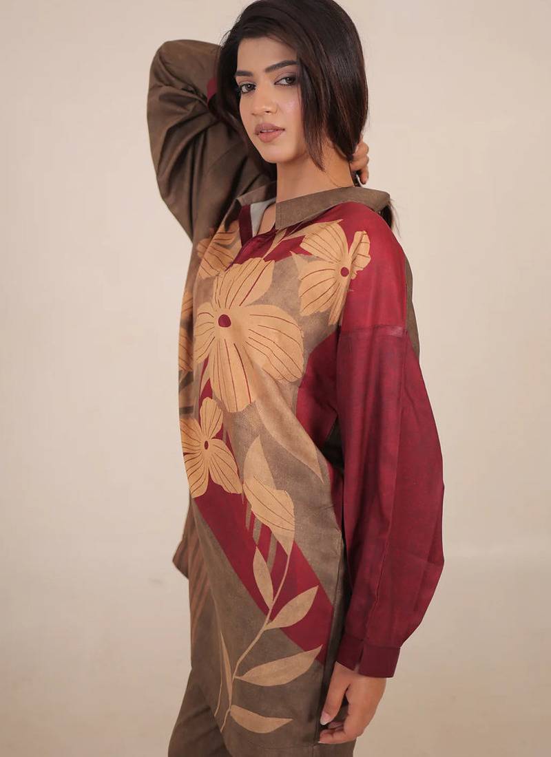 Maroon floral print linen co-ord set for women