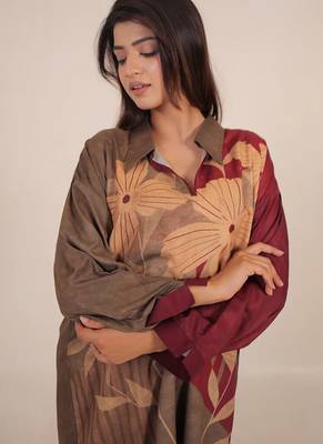 Maroon floral print linen co-ord set for women 4