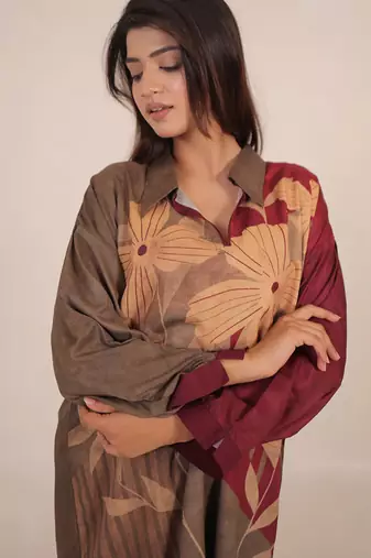 Maroon floral print linen co-ord set for women