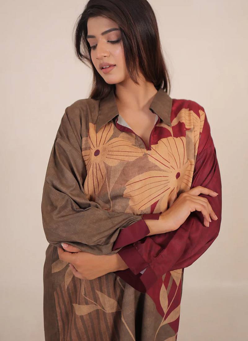 Maroon floral print linen co-ord set for women