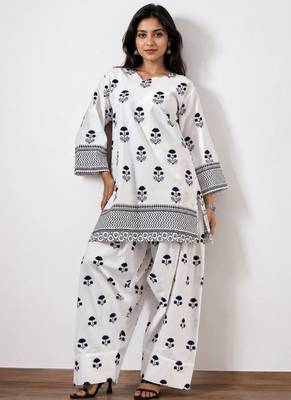 White floral print crepe co-ord set for women 1