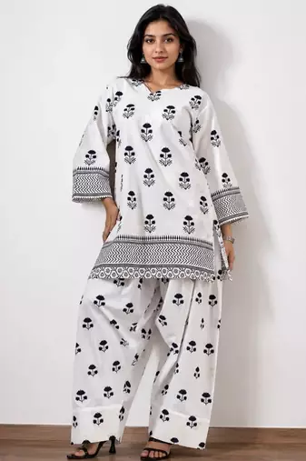 White floral print crepe co-ord set for women