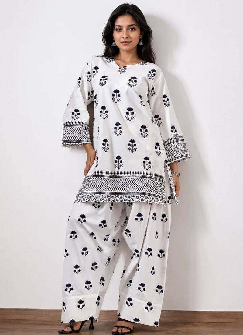 White floral print crepe co-ord set for women