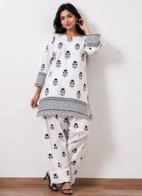 White floral print crepe co-ord set for women 2