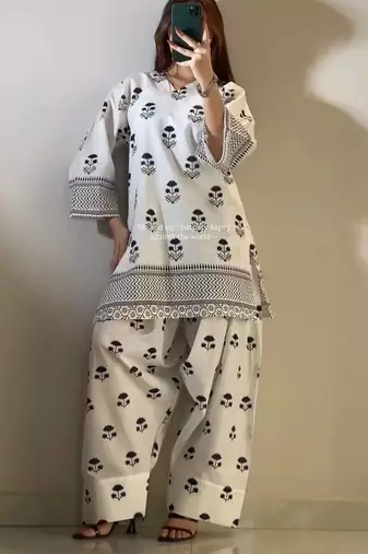 White floral print crepe co-ord set for women
