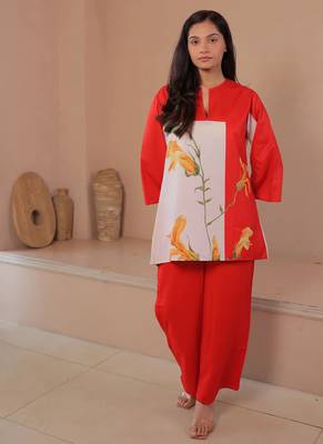 Orange floral print linen co-ord set for women 1