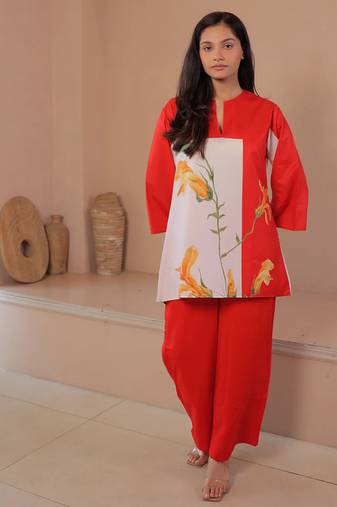 Orange floral print linen co-ord set for women