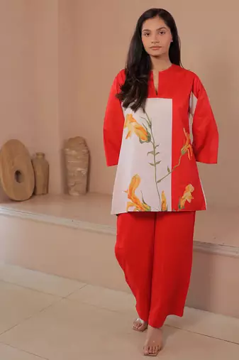 Orange floral print linen co-ord set for women