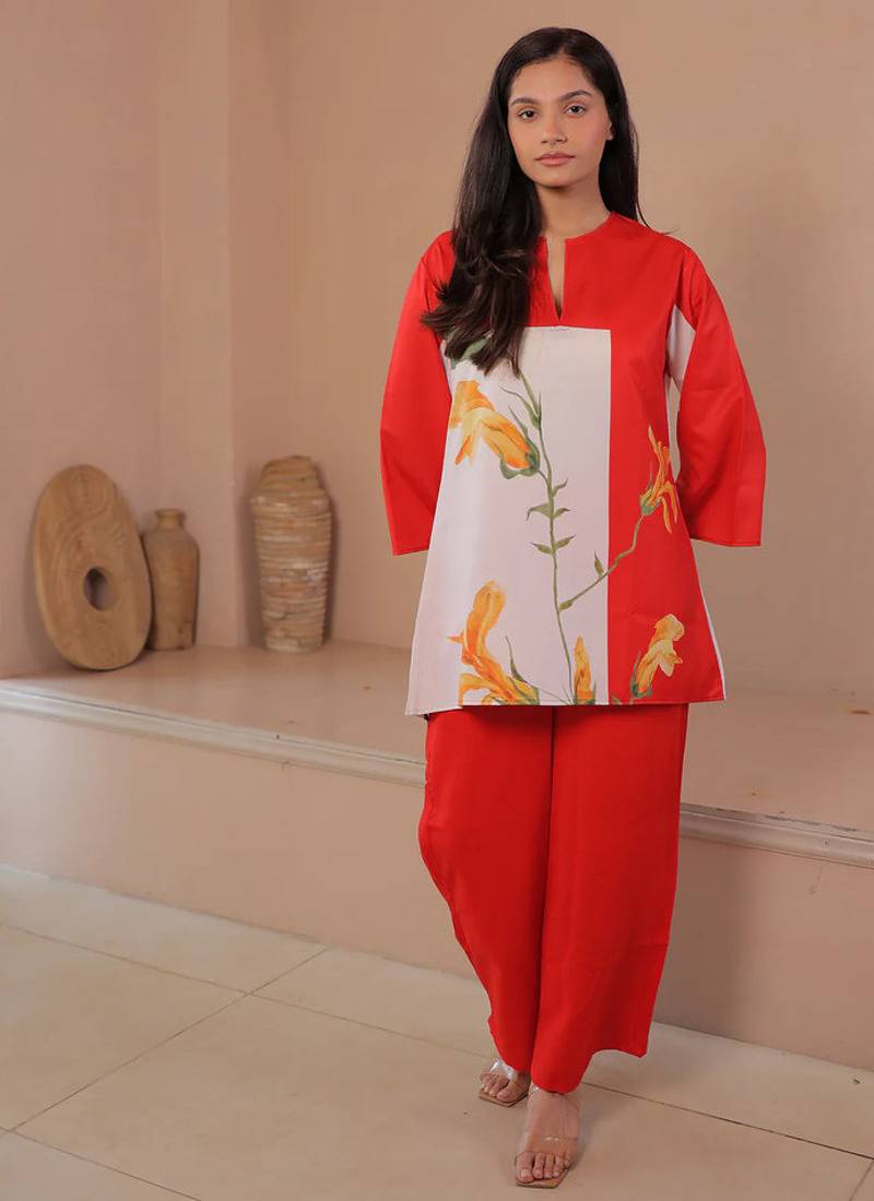Orange floral print linen co-ord set for women