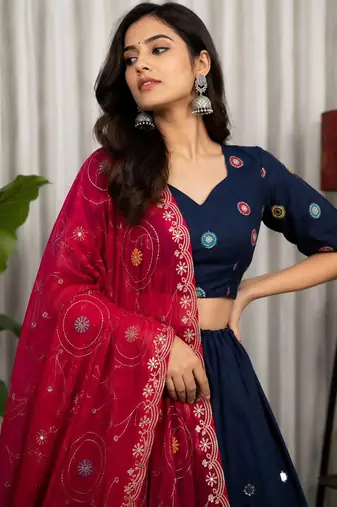 Navy Blue Color Embroidery malti Thred work and sequins work. And Aari mirror work Roman Silk Blend Lahenga Choli Set