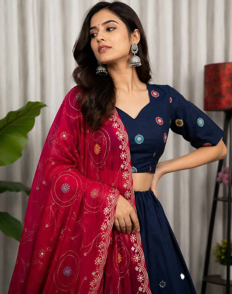 Navy Blue Color Embroidery malti Thred work and sequins work. And Aari mirror work Roman Silk Blend Lahenga Choli Set