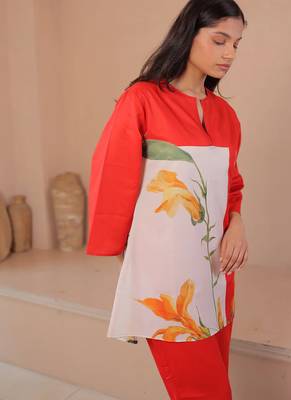 Orange floral print linen co-ord set for women 3