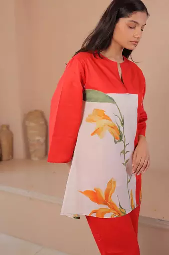 Orange floral print linen co-ord set for women